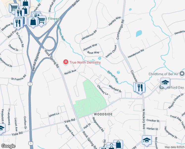 map of restaurants, bars, coffee shops, grocery stores, and more near 404 Harrison Court in Bel Air