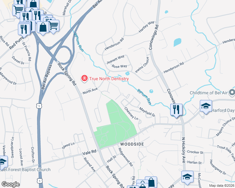 map of restaurants, bars, coffee shops, grocery stores, and more near 404 Harrison Court in Bel Air