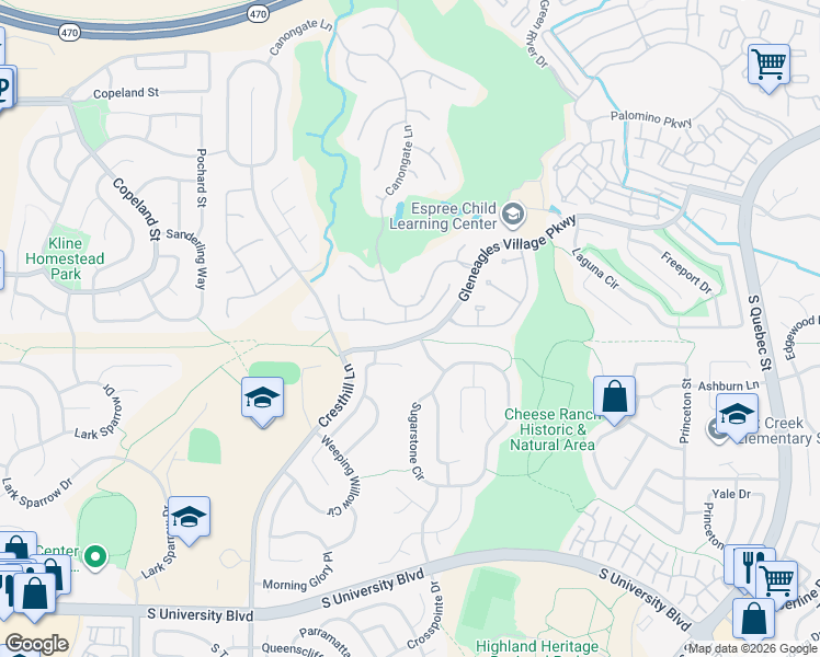 map of restaurants, bars, coffee shops, grocery stores, and more near 9111 Weeping Willow Court in Littleton