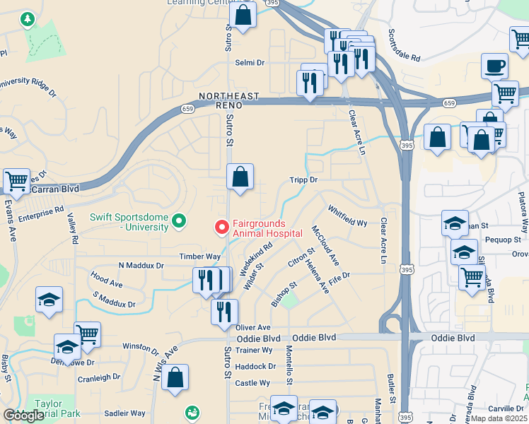 map of restaurants, bars, coffee shops, grocery stores, and more near 2206 Patton Drive in Reno