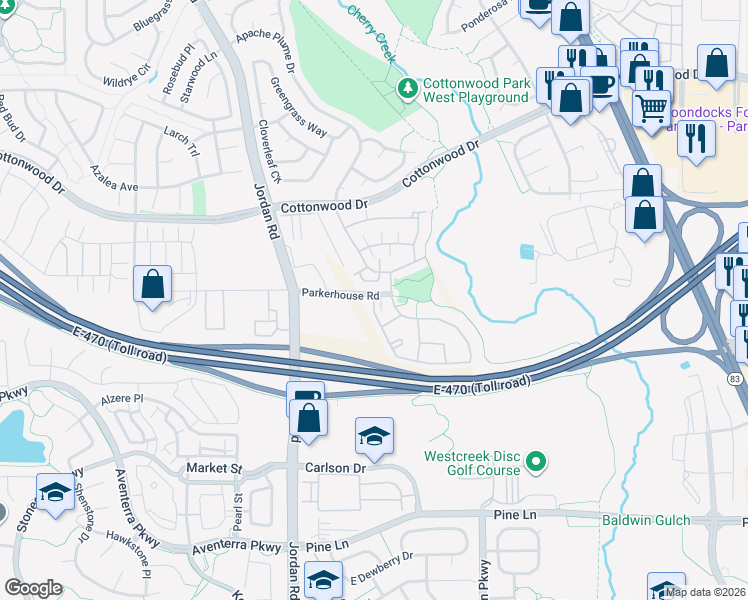 map of restaurants, bars, coffee shops, grocery stores, and more near 9039 Apache Plume Drive in Parker