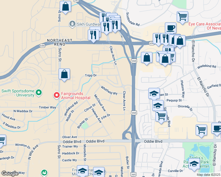 map of restaurants, bars, coffee shops, grocery stores, and more near 3498 Willow Hills Circle in Reno