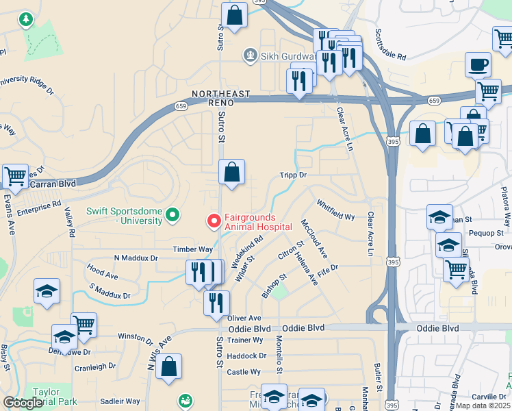map of restaurants, bars, coffee shops, grocery stores, and more near 2315 Tripp Drive in Reno