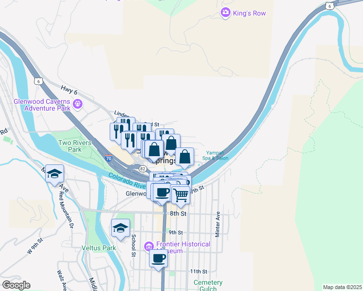 map of restaurants, bars, coffee shops, grocery stores, and more near 413 Spring Street in Glenwood Springs