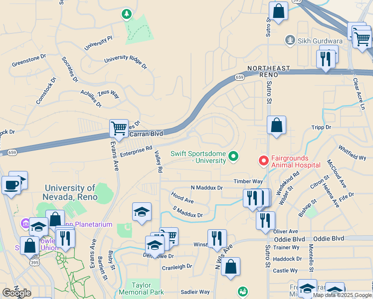 map of restaurants, bars, coffee shops, grocery stores, and more near 2500 Valley Road in Reno