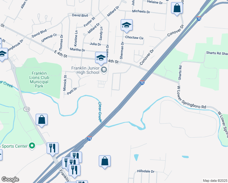map of restaurants, bars, coffee shops, grocery stores, and more near 210 Clearbrook Drive in Franklin