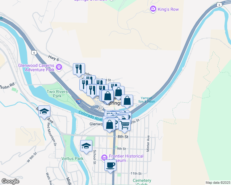 map of restaurants, bars, coffee shops, grocery stores, and more near 301 Pine Street in Glenwood Springs