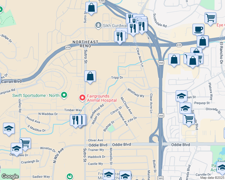 map of restaurants, bars, coffee shops, grocery stores, and more near 2095 Highview Court in Reno