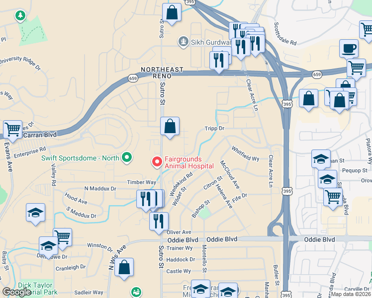 map of restaurants, bars, coffee shops, grocery stores, and more near 2315 Tripp Drive in Reno