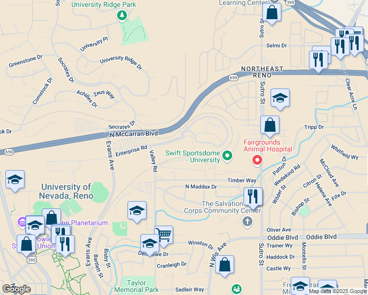 map of restaurants, bars, coffee shops, grocery stores, and more near 2500 Valley Road in Reno