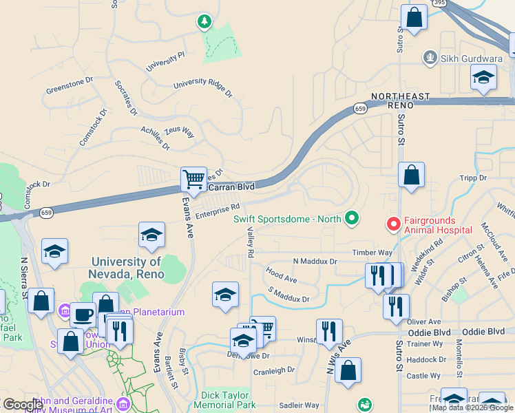 map of restaurants, bars, coffee shops, grocery stores, and more near North McCarran Boulevard in Reno