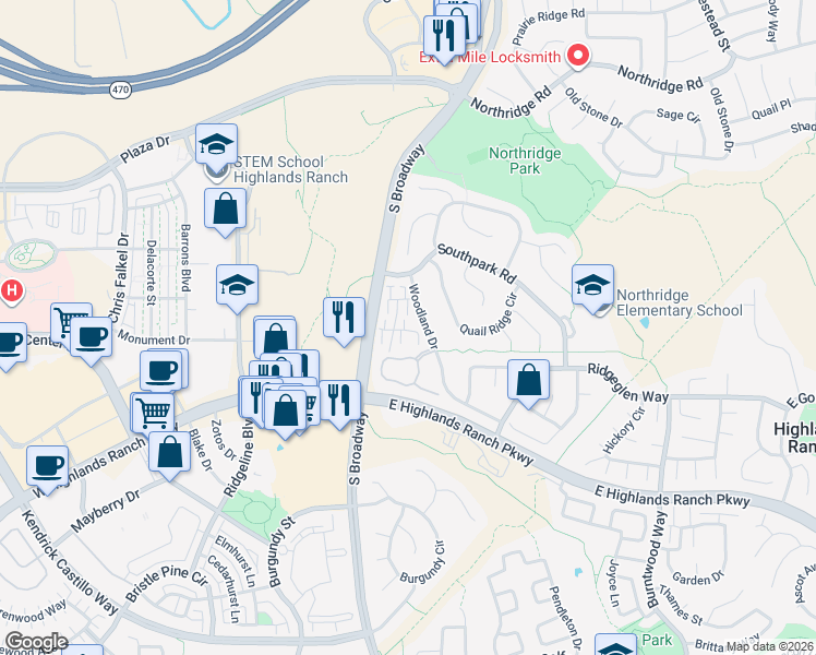 map of restaurants, bars, coffee shops, grocery stores, and more near 9004 Bear Mountain Drive in Littleton