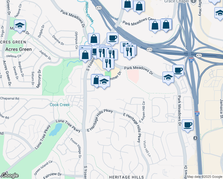 map of restaurants, bars, coffee shops, grocery stores, and more near 9220 Kimmer Drive in Lone Tree