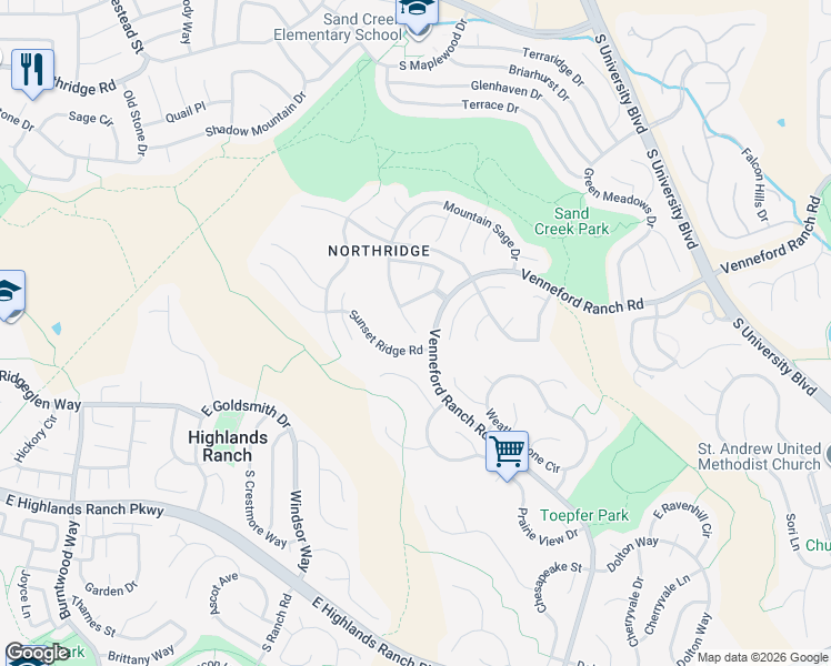 map of restaurants, bars, coffee shops, grocery stores, and more near 16899 Mountain Laurel Way in Highlands Ranch