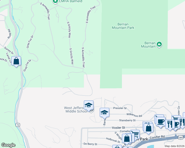 map of restaurants, bars, coffee shops, grocery stores, and more near 8864 South Armadillo Trail in Evergreen