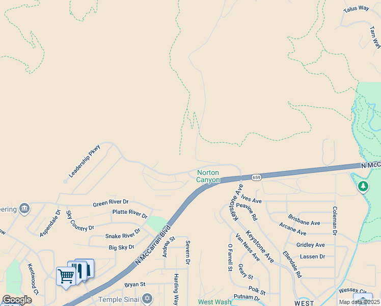 map of restaurants, bars, coffee shops, grocery stores, and more near Keystone Canyon Trail in Reno