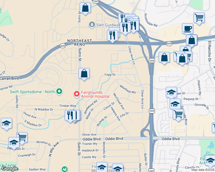 map of restaurants, bars, coffee shops, grocery stores, and more near 2095 Highview Court in Reno