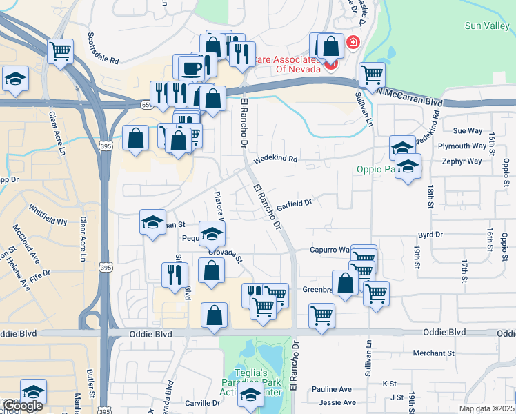 map of restaurants, bars, coffee shops, grocery stores, and more near 2526 Betsy Street in Sparks