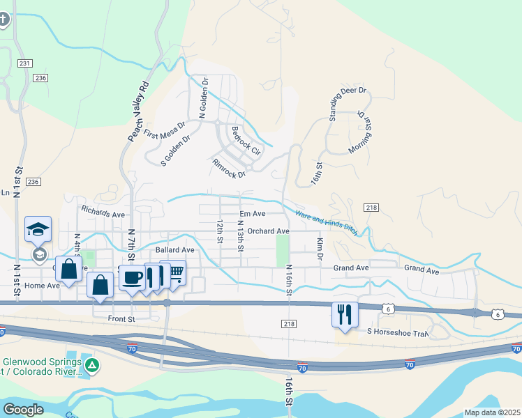 map of restaurants, bars, coffee shops, grocery stores, and more near 1412 Em Avenue in Silt