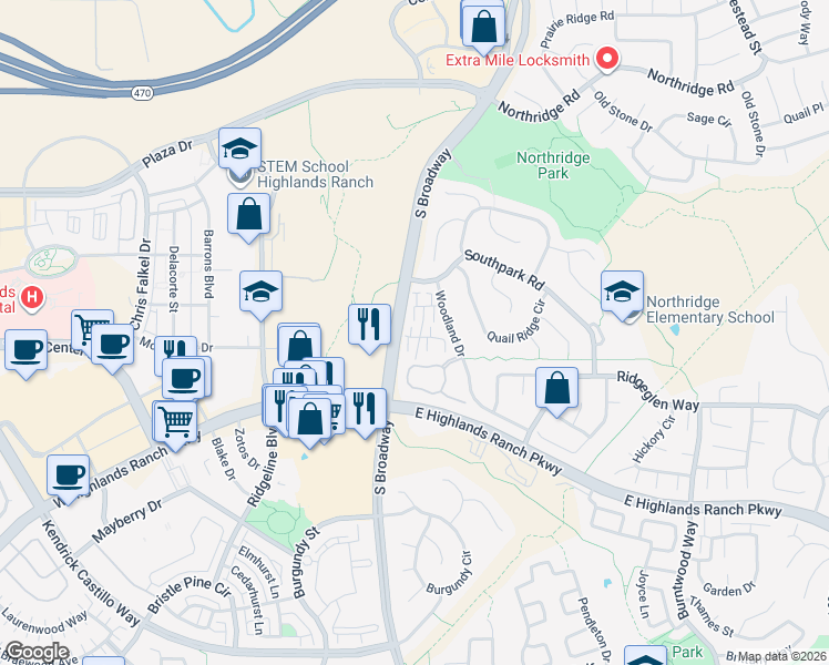 map of restaurants, bars, coffee shops, grocery stores, and more near 9047 Bear Mountain Drive in Littleton