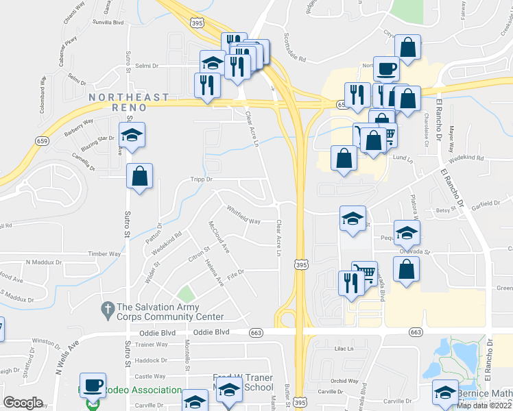 map of restaurants, bars, coffee shops, grocery stores, and more near 2119 Wedekind Road in Reno