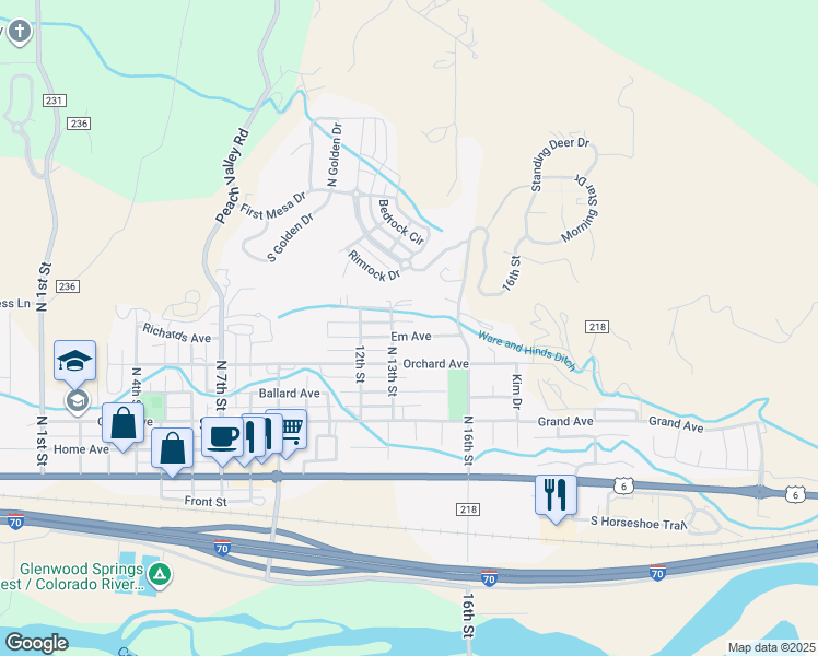map of restaurants, bars, coffee shops, grocery stores, and more near 1250 Linda Avenue in Silt