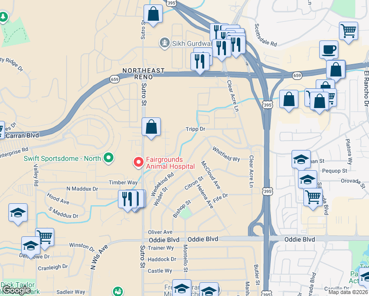 map of restaurants, bars, coffee shops, grocery stores, and more near 2095 Highview Court in Reno