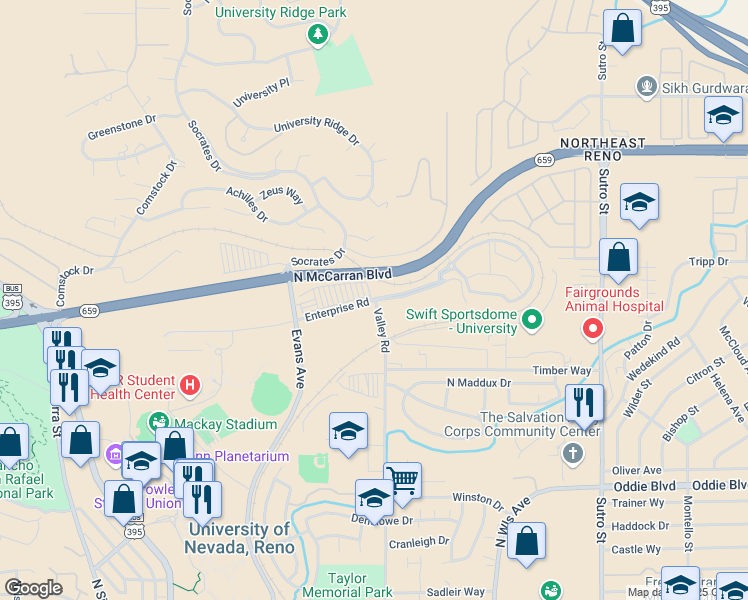map of restaurants, bars, coffee shops, grocery stores, and more near North McCarran Boulevard in Reno