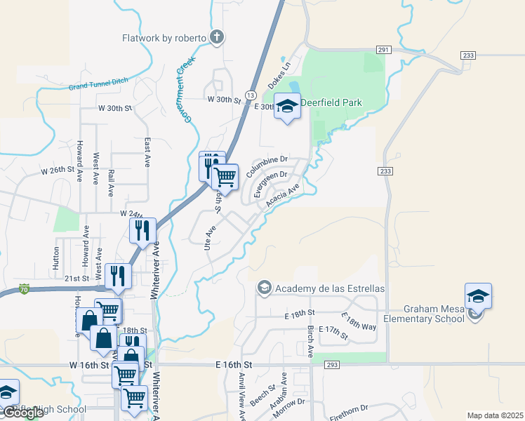 map of restaurants, bars, coffee shops, grocery stores, and more near 2402 Acacia Avenue in Rifle