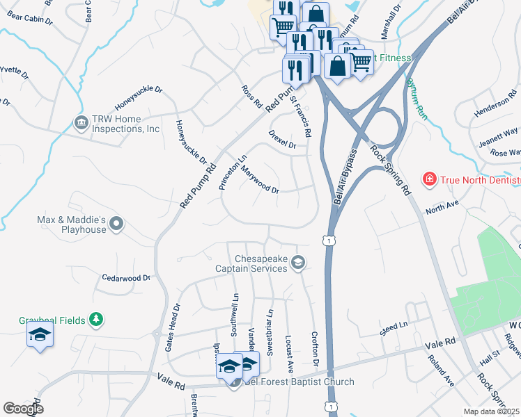 map of restaurants, bars, coffee shops, grocery stores, and more near 1205 Marywood Court in Bel Air