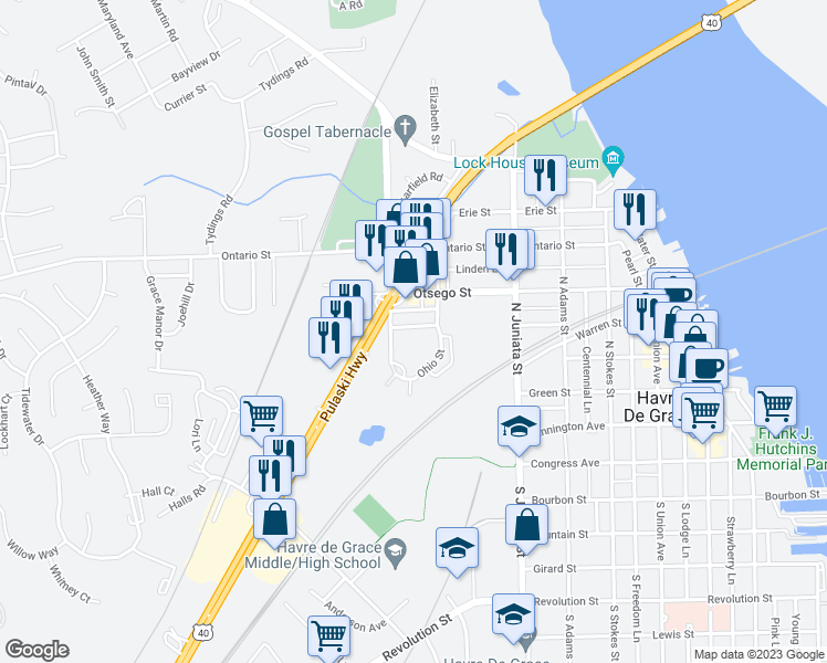 map of restaurants, bars, coffee shops, grocery stores, and more near 920 Warren Street in Havre de Grace