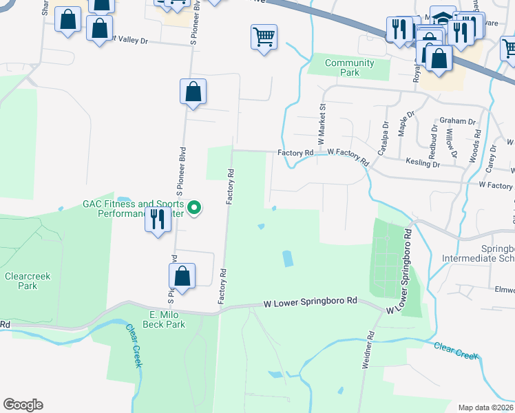 map of restaurants, bars, coffee shops, grocery stores, and more near 2787 Factory Road in Springboro