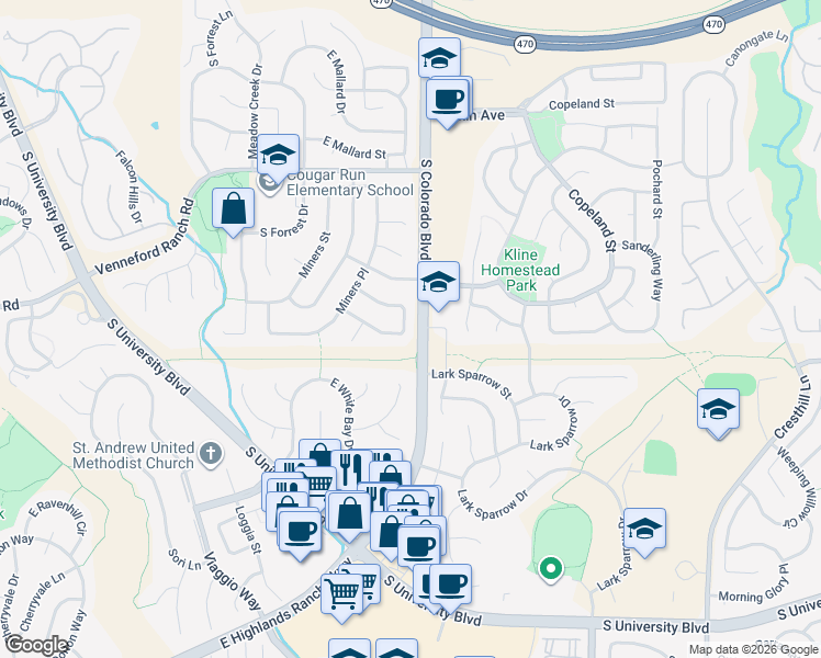 map of restaurants, bars, coffee shops, grocery stores, and more near 3856 Garnet Way in Littleton