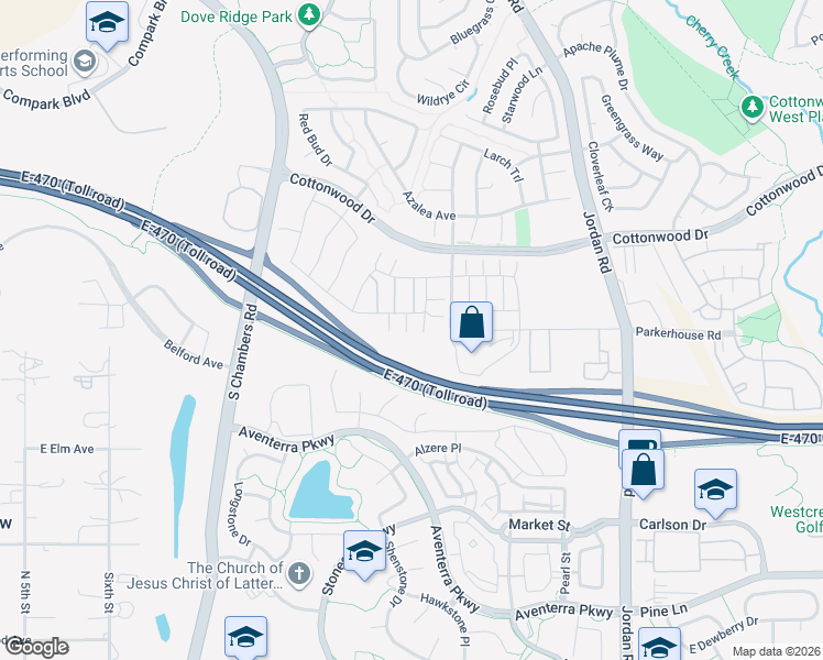 map of restaurants, bars, coffee shops, grocery stores, and more near E-470 Toll in Parker