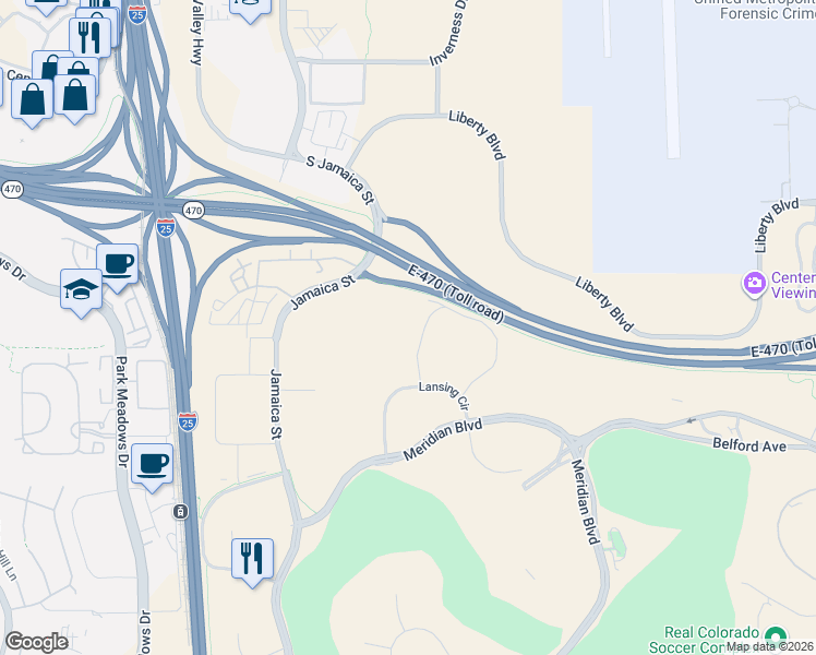 map of restaurants, bars, coffee shops, grocery stores, and more near Centennial Trail in Englewood