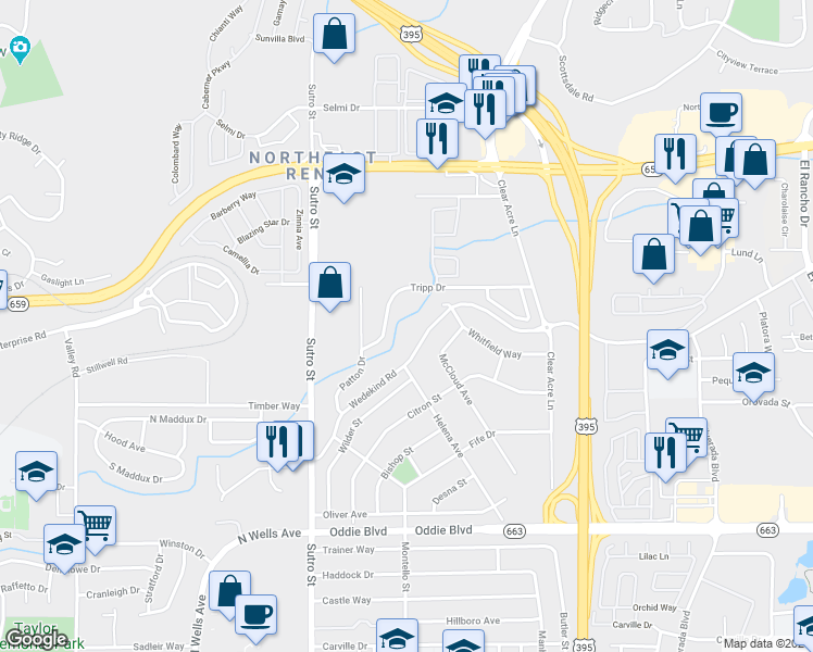 map of restaurants, bars, coffee shops, grocery stores, and more near 2095 Highview Court in Reno