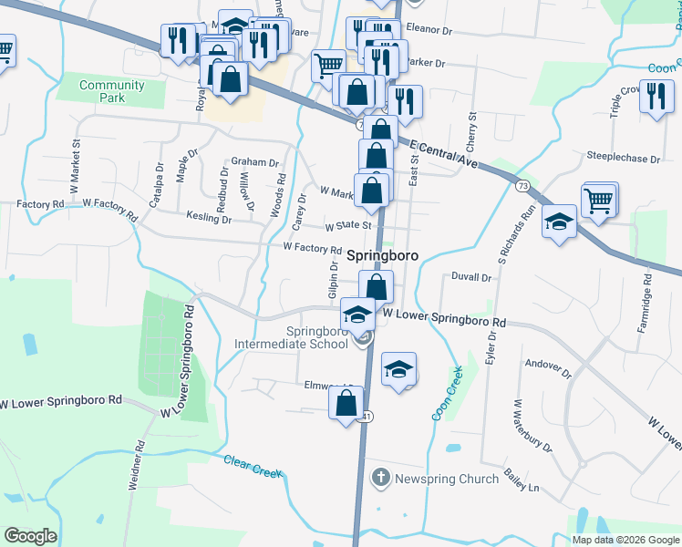 map of restaurants, bars, coffee shops, grocery stores, and more near 65 West Factory Road in Springboro