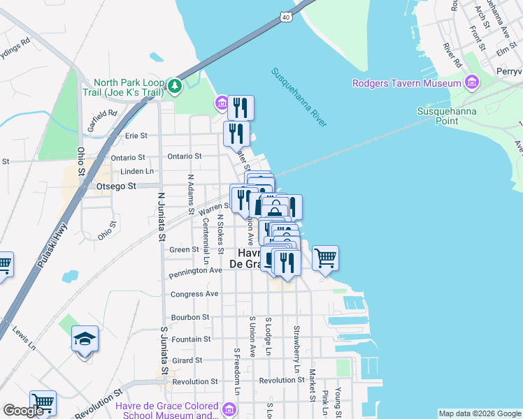 map of restaurants, bars, coffee shops, grocery stores, and more near 429 Saint John Street in Havre de Grace