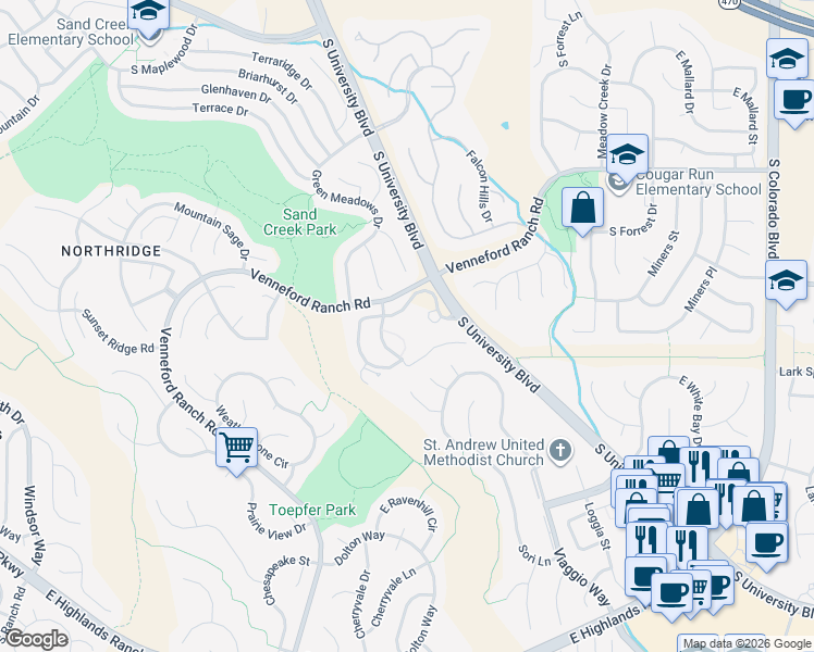 map of restaurants, bars, coffee shops, grocery stores, and more near 2781 Classic Drive in Littleton