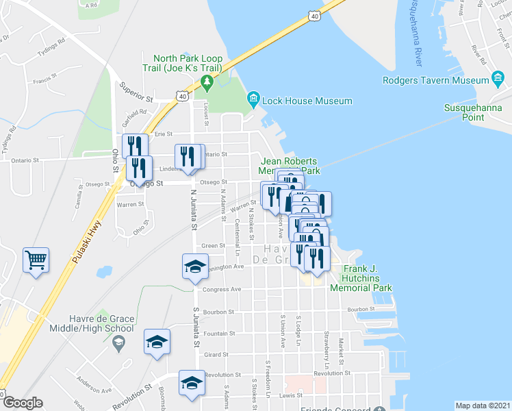 map of restaurants, bars, coffee shops, grocery stores, and more near 429 North Stokes Street in Havre de Grace