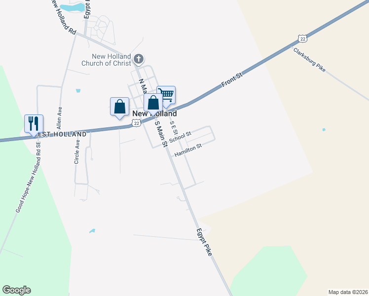 map of restaurants, bars, coffee shops, grocery stores, and more near 130 North East Street in New Holland