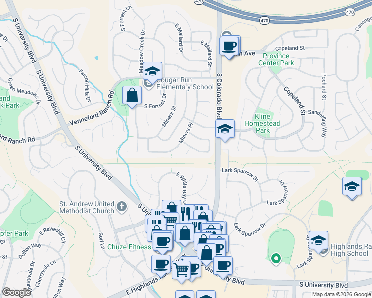 map of restaurants, bars, coffee shops, grocery stores, and more near 3988 Garnet Way in Littleton