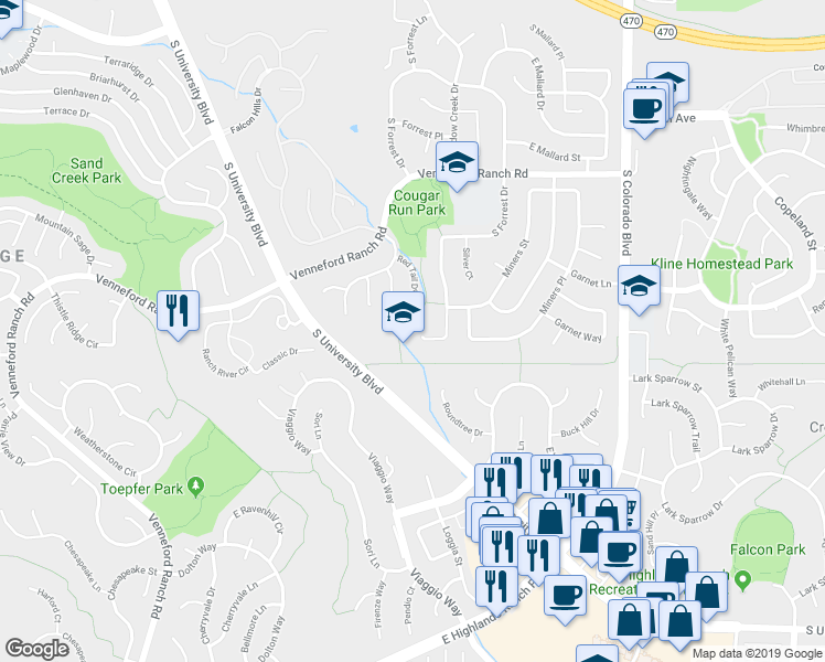 map of restaurants, bars, coffee shops, grocery stores, and more near 9067 South Forrest Drive in Littleton