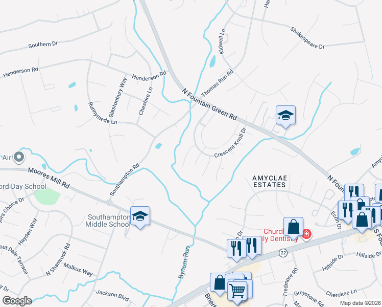 map of restaurants, bars, coffee shops, grocery stores, and more near 1415 Hardley Court in Bel Air
