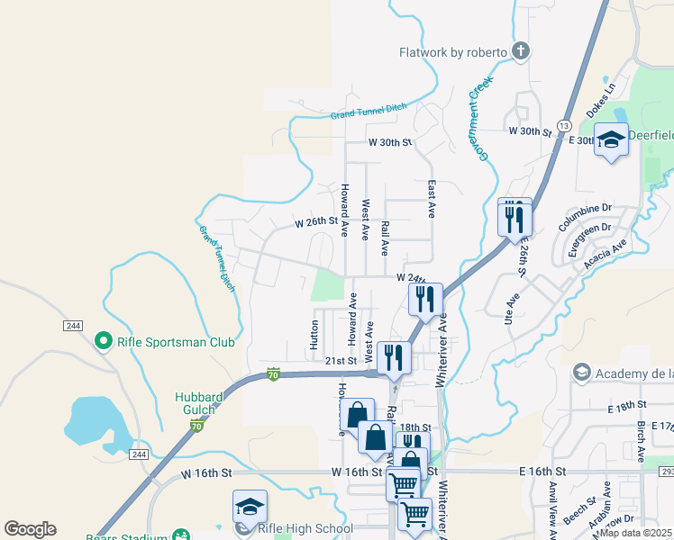map of restaurants, bars, coffee shops, grocery stores, and more near 2426 Howard Avenue in Rifle