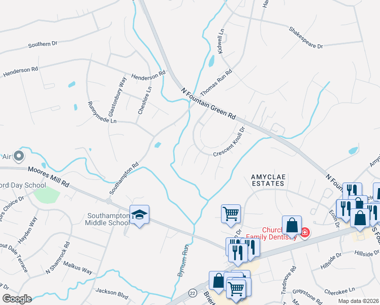 map of restaurants, bars, coffee shops, grocery stores, and more near 1415 Hardley Court in Bel Air