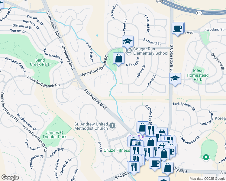 map of restaurants, bars, coffee shops, grocery stores, and more near 9067 South Forrest Drive in Littleton