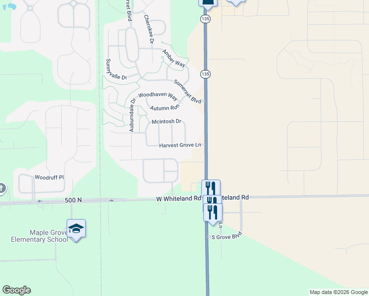 map of restaurants, bars, coffee shops, grocery stores, and more near 5501 Breaburn Road in Bargersville