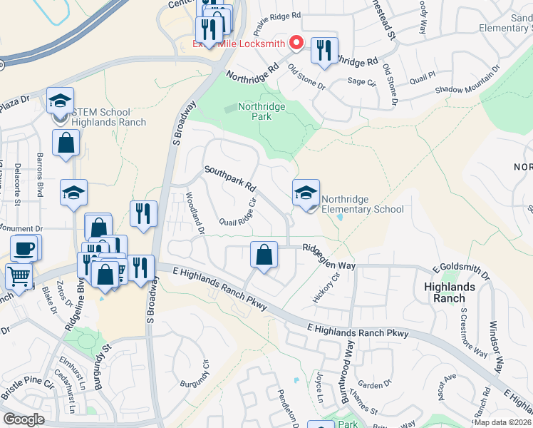map of restaurants, bars, coffee shops, grocery stores, and more near 512 Southpark Road in Littleton