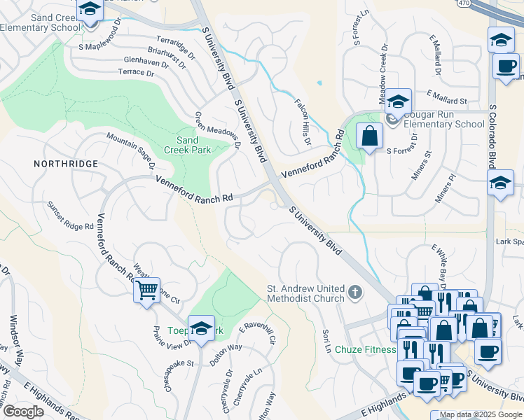 map of restaurants, bars, coffee shops, grocery stores, and more near 2781 Classic Drive in Highlands Ranch